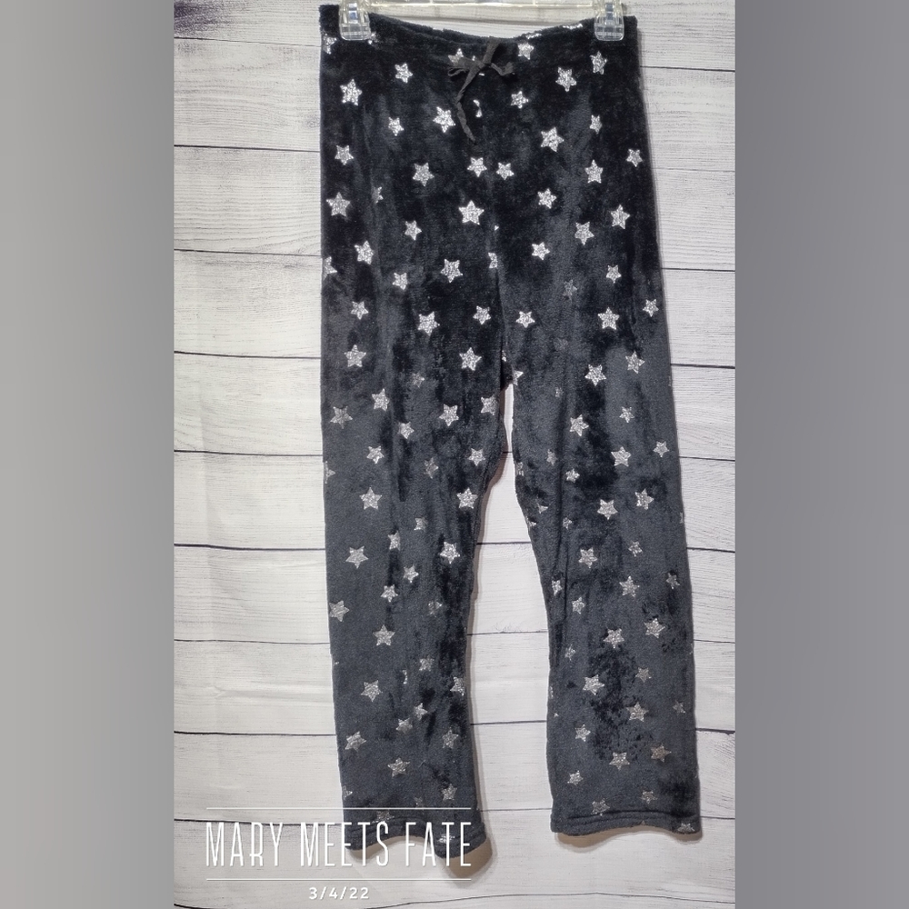 Fuzzy Sleep Pants Sz M Black with Silver Stars
